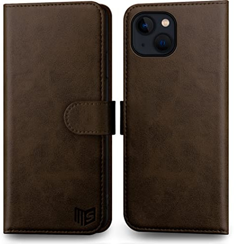 SUANPOT for iPhone 14 Plus 6.7 Genuine Leather Wallet case 【RFID Blocking】【4 Credit Card Holder】【Real Leather】 Flip Folio Book Phone case Protective Cover Women Men for Apple 14Plus 5G case Brown