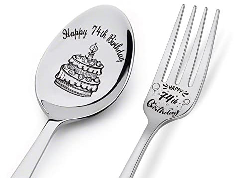 Löffel und Gabel zum 74. Geburtstag mit Gravur, Löffel und Gabel, personalisierbar, Geburtstagsgeschenk für Sohn, Tochter, Schwester, Bruder, Freunde