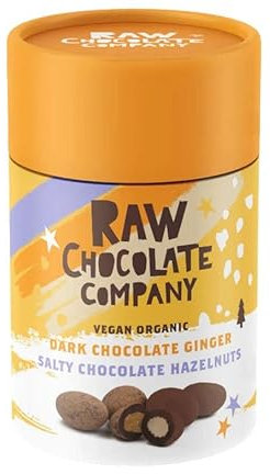 Chocolate Hazelnuts and Ginger Gift Tub - Award winning Salty Chocolate Hazelnuts and Chocolate Ginger Gift Tub - Raw, Vegan, Organic (Single Tub 180g)