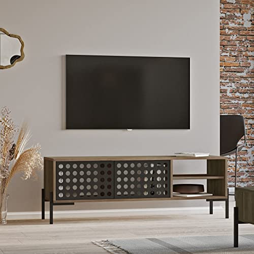 Mobile Porta TV con Armadietto e Scomparti (AxLxP) 49 x 144 x 40 cm Consolle Con Sportelli e Gambe in Metallo - Effetto Rovere Grigio