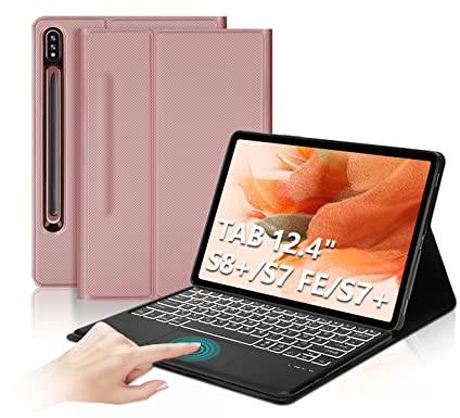 IVEOPPE Samsung Galaxy Tab S7 Fe Tastatur, Tastatur Hülle mit Touchpad für Samsung Galaxy Tab S7 FE/S7+/S8+ 12.4'', Abnehmbarer Tastatur für Galaxy Tab S7 Plus/S8 Plus mit QWERTZ Layout, Roségold