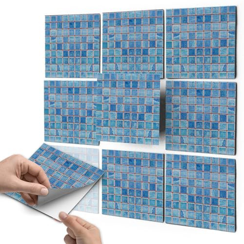 10 Stück Fliesenaufkleber, Fliesenfolie 15x15 cm für Küche und Bad - Klebefliesen, Mosaikfliesen selbstklebend - SET // Design: Mosaik Blau