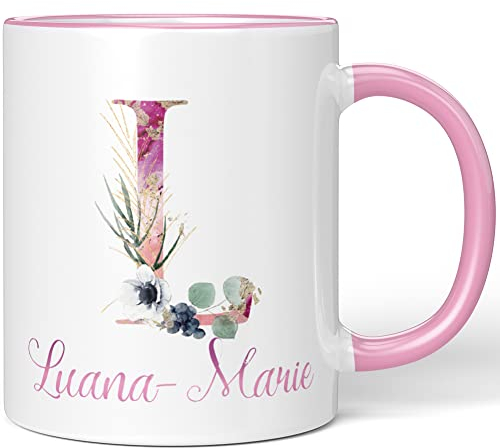 JUNIWORDS Tasse, Luana-Marie, Name Anfangsbuchstabe Initial Alphabet Floral Buchstabe L Monogramm Motiv, Rosa (5523213)