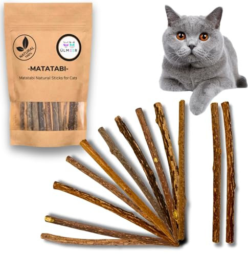 ÜLMEER Baton Matatabi pour Chat 10 Pieces | Stick Bois Naturel Anti-Stress Chats Chatons | Jouet friandise Unique Macher Dents saines | Alternative Herbe à Chat, Catnip cataire | Jeu Parfait