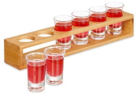 Relaxdays 6 Bicchieri da Shot con Supporto, Bicchierini in Vetro 4 cl, Vassoio in bambù, Idea Regalo, Marrone Chiaro, 8 x 33 x 6 cm