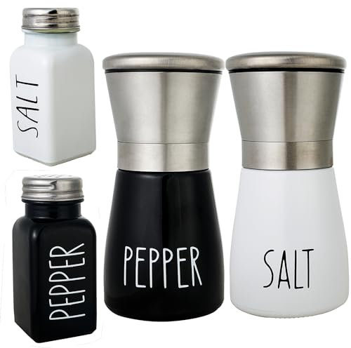 2PCS Pepper and Salt Grinder Set+2PCS Pepper and Salt Shakers Set, 2PCS Salt & Pepper Grinder Set, Black and White Original Salt Mill & Pepper Mill Set, Seasoning Glass Bottle Spice Bottle