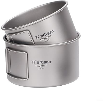 URPIZY Titanium Bowl With Folding Handle Camping Bowl 450ml Single-Wall Titanium Cooking Tableware Bowl Dinner Food Container Outdoor Pan