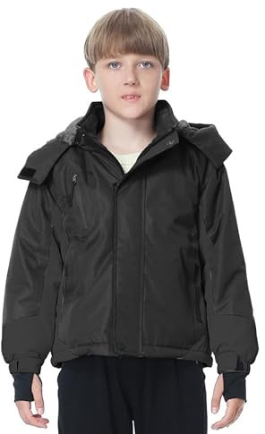 Boys Waterproof Ski Jacket Warm Fleece Winter Snow Coat Windproof Snowboard Jacket with Removable Hood, black, 10-12 Jahre