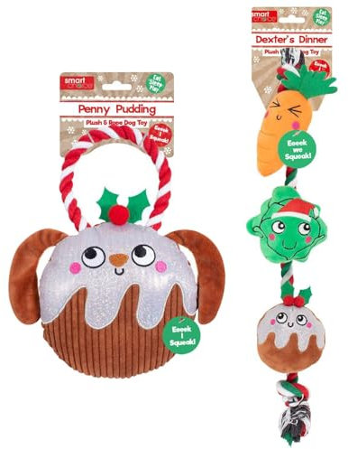 YöL Christmas Dog Toy Set of 2 - Pudding Plush Rope Toy Tug Of War Squeaky Dog Carrot Sprout Puppy Stocking Filler Xmas