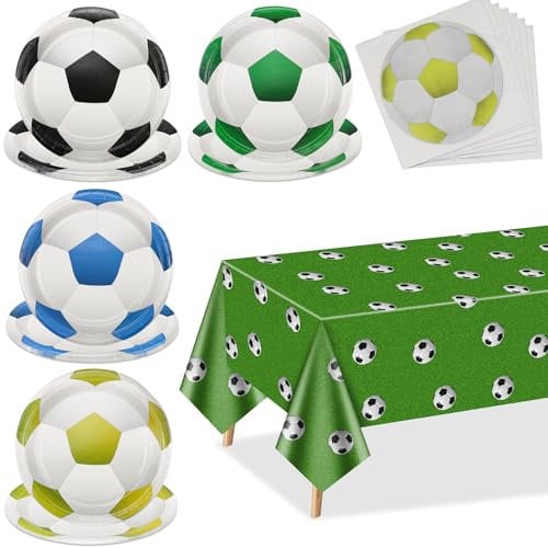Decoraciones de la fiesta de fútbol - Suministros de la fiesta de fútbol, incluyendo platos de fútbol, servilletas, mantel para niños con tema de fútbol ventilador Deportes Evento, Servir 20