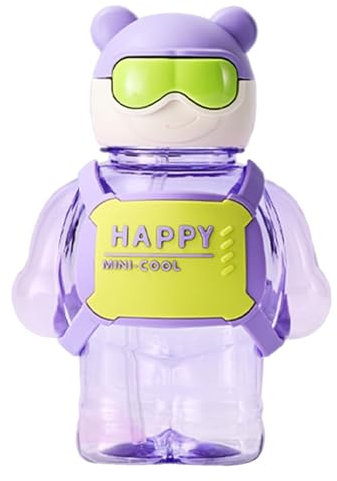 COOBAA Botella de agua con forma de oso de 800 ml, bonita botella de agua con botón y pajita, botella de agua divertida, botella de agua de dibujos animados para deportes, camping, picnic