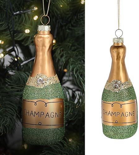 Christbaumschmuck Champagnerflasche | handbemalt 10x3x4,5cm Glas bunt Glitzer | Weihnachtsaufhänger für Tannenbaum (1 x Christbaumschmuck Champagner)