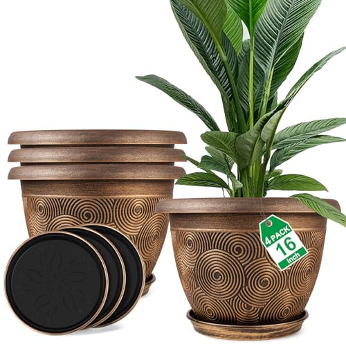 40,6 cm großer Pflanztopf für Pflanzen drinnen und draußen, 4 Stück Kunststoff-Blumentöpfe mit Ablaufloch & Tablett, moderner dekorativer Gartentopf mit Untersetzer, Pflanzenbehälter für Haus