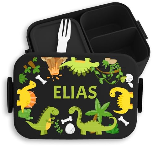 Kinder Bento Box Midi für Mepal Bentobox - Brotbox Dinosaurier Lunchbox Dino Vesperbox Dinosaurus I - 900 ml - Schwarz - brotdose name kinderbrotdosen kindergarten t-rex vulkan