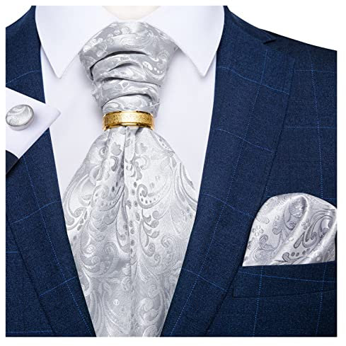Aqxyedc Männer Luxus Silber Paisley Silk Ascot Krawatte Set Hochzeitsfeier Cravat White Bindes Taschentuch wanglan(AS-2036-02)