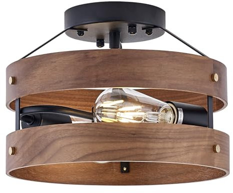 BISAMIYA Wood Flush Ceiling Light, 2-Light Metal and Dark Wood Drum, Rustic Ceiling Light Fixture Chandelier for Hallway, Kitchen, Entryway