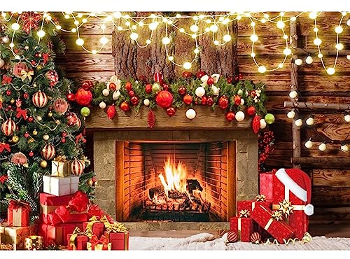 Xiaoterna 2.7x1.8m Fond de cheminée de Noël Fond Photographique pour Le Nouvel an Toile de Fond Photo pour la Veille de Noël Arbres Cadeaux Fond pour Photographie Décoration de fête de Famille