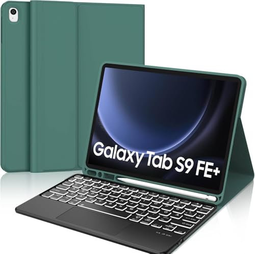 WINCHKING Étui de clavier pour tablette Samsung Galaxy Tab S9 FE Plus 12,4, compatible avec Samsung S7/S8 12,4, clavier avec disposition QWERTZ, magnétique amovible, vert foncé