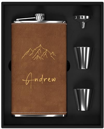 Custom Flask Gift Set for Men 12 oz, 304 Steel Stainless Personalised Hip Flask for Whiskey Alcohol, Large Engraved Flask with Mountain Icon for Hunting Travel Hiking Climbing (Brown)