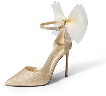 DREAM PAIRS D'Orsay Chaussures à talons hauts et bout fermé à bout pointu avec nœuds en maille et sangle de cheville pour femme, Paillettes dorées., 38 EU
