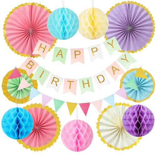 OSDUE Ventagli di Carta Decorativi Festa, Set di Carta Pompon Fiori di Carta Festoni e Bandierine Feste Compleanno Pon Pon Colorati Addobbi Fiori Ventaglio Decorazioni Festa Striscione Buon Compleanno