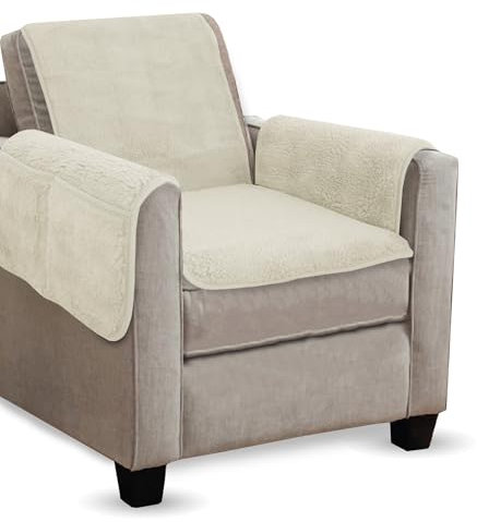 Sesselschoner Lammflor Optik (Creme) - 140x144cm - Sesselauflage mit Armlehnen und Taschen - Sesselüberwurf ÖKO-Tex Schoner für Sessel - Überwurf