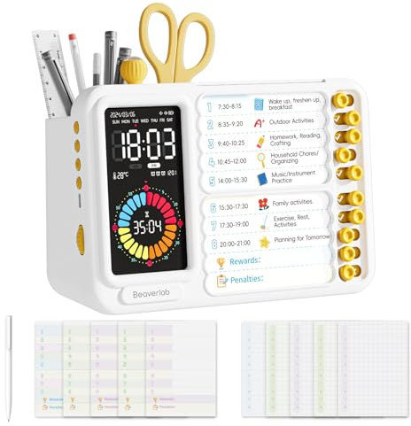 BEAVERLAB Routine Planer Kinder, Wochenplaner Kinder mit visueller Timer, abwischbare tagesplan Kinder Routine mit Wecker, Checklist Boards ADHD Aufgaben-Tracker, Pomodoro für Haus Küche