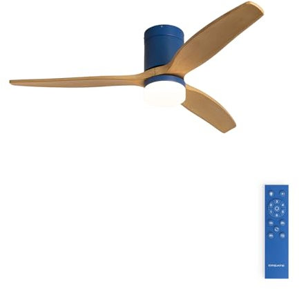 CREATE / WINDCALM M/Ventilador de techo ABS con luz azul cobalto efecto aspas madera clara y mando / 40W, Silencioso, Ø132 cm, 3 temperaturas de luz, temporizador, función verano-invierno