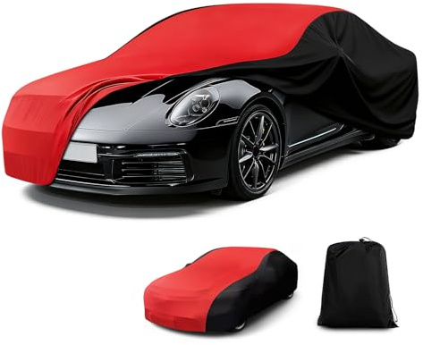CEMOFE Autoabdeckung Indoor, Staubdichte Stretch, Rot & Schwarz - L | Weich & Luftdurchlässig, für Sportwagen, Coupé, SUV, Abdeckplane Auto Indoor Winter Universal Autogarage