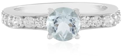Cavill Aquamarin Ring Silber Damen 925 Sterling Platiniert mit 0,72 ct brasilianischem Aquamarin und 14 Zirkon Steinen, eleganter Rundschliff Schmuck, stilvoller Silberring Größen 18 & 20
