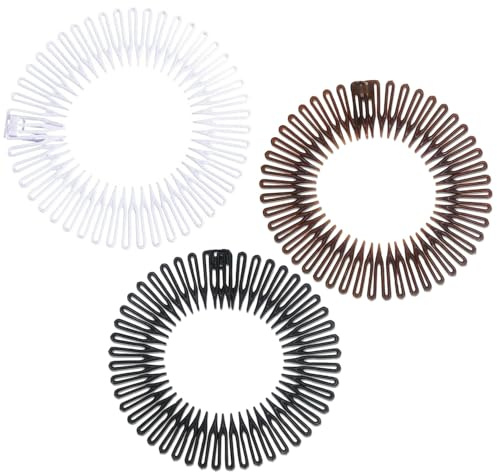 3 Pcs Comb Headband, Full Circular Stretch Comb Head Band, Spider Hairband Grip Circle Headbands, Fashion Hair Accessories, for Women, Men, Girls, Curly Hair(Black, White, Brown)