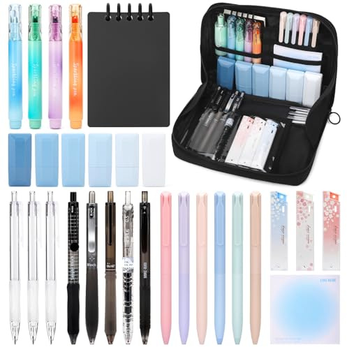 ESSALOO 22 Stück Schulsachen Aesthetic Cean Girl mit Mäppchen, 11 Gelstifte, 4 Textmarker, 1 Druckbleistifte, Stifte Federmappe Set für Teenager Mädchen, Schwarz
