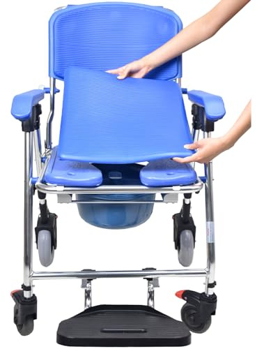 Toilettenstuhl für Senioren mit Rollen, Duschstuhl mit Rollen Klappbar bis 150kg, Multifunktionaler Duschrollstuhl mit Armlehnen und klappbarer Fußstütze, Vier Räder mit Bremsen