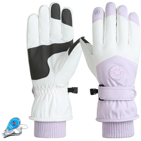 KXF Thermo-Handschuhe für Herren, Leder, Winter, wasserdicht, dick, warm, Fleecefutter, winddicht, kältebeständig, Touchscreen-Handschuh zum Radfahren, Fahren, Laufen, Camping, Wandern (lila-weiß)