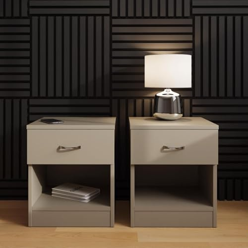 FWStyle Pair of Promo 1 Drawer Nightstands – Set of 2 Bedside Tables in Putty Finish with Drawer & Open Shelf – Modern Scratch-Resistant Bedroom Furniture with Chrome Handles