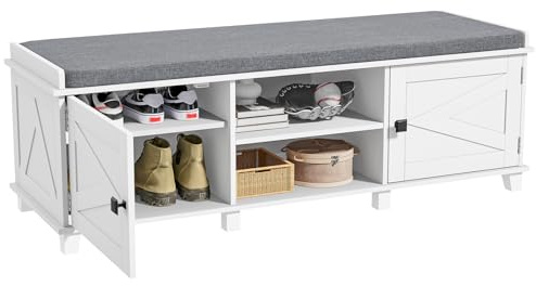 120m Shoe Bench, Entryway Shoe Storage Bench with Padded Seat Cushion | 2 Tier Hallway Bench with 6 Open Storage Shelves and Adjustable Shelf, Storage Cabinet for Entryway, Living Room, Bedroom