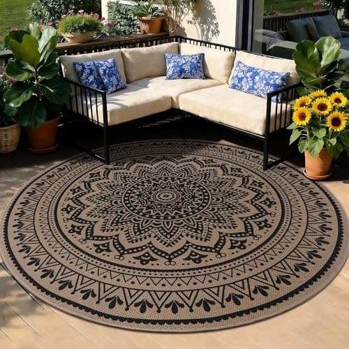 Homcomodar Teppich Rund 120cm Jute Aussehen Teppich Wohnzimmer Outdoor Teppich Waschbarer Boho Teppich Braun für Schlafzimmer Balkon Terrasse