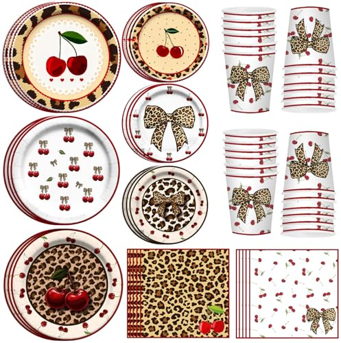 120PCS Cheetah Print Birthday Decorations Plates, Leopard Print Party Paper Plates Napkins and Cups, Leopard Cherry Theme Disposable Dinner Plate Tableware, Animal Print Plates Party Supplies Serve 30