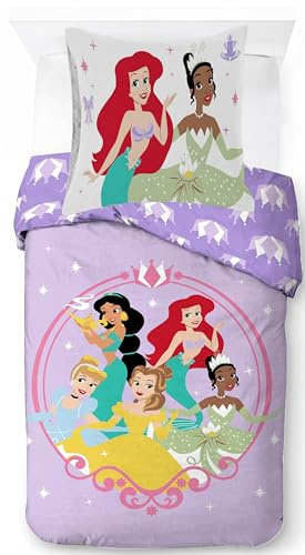 Jay Franco Disney Princess Bettwäsche-Set – Superweiche Kinder-Bettwäsche mit Kissenbezug, NUR BETTBEZUG (Füllung Nicht enthalten), Ariel, Belle, Cinderella, Jasmin, Violett, 2-teilig Einzelbett