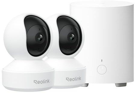 Reolink 3K Überwachungskamera Set Innen WLAN Schwenkbar, Personen-/Haustier-/Baby-Schreierkennung, Auto-Tracking, 2,4/5GHz WiFi, IR-Nachtsicht, All-in-One-Sicherheitszentrum, Home Hub Mini + 2x E1 Pro