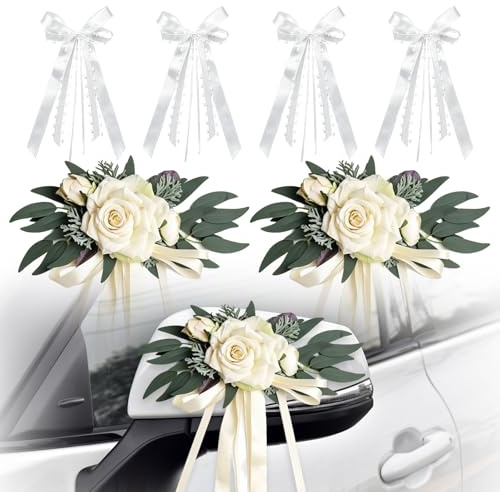 Grolibyre 2 Stück Hochzeit Autoschmuck Auto Deko Hochzeit Vintage Hochzeitsschleifen für Auto Künstliche Blume Autoschleifen mit Saugnapf Geeignet für Autospiegel Oder Türgriffe