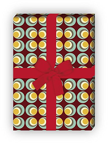 Herren 70er Jahre Geschenkpapier Set (4 Bogen), Dekorpapier mit Retro Kreis Muster für ihn für tolle Geschenk-Verpackung zur Taufe, Geburt, Geburtstag, Hochzeit, Weihnachten 32 x 48cm auf braun