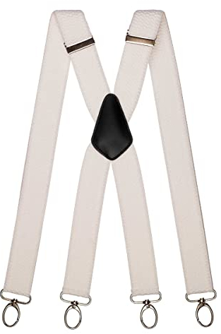 Olata Breite und Robuste X-förmige Hosenträger mit Karabinerhaken – 4 cm breit, Verstellbar, Unisex, Ideal für Arbeit und Alltag. Weiß (Silber Clips)