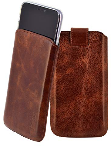 Suncase ECHT Leder Tasche kompatibel mit iPhone 11 (6.1) mit ZUSÄTZLICHER Transparent Hülle | Schale | Silikon Bumper Handytasche (mit Rückzugsfunktion und Magnetverschluss) in Rustik Tabak
