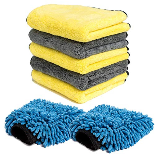 Pro-Kleen Microfibre Cloth 1000GSM 40 X 40cm Cleaning Towel For Car Or Home, 5 Thick Commercial Grade Cloths And 2 Vehicle Washing Mitts (7 Items Supplied)
