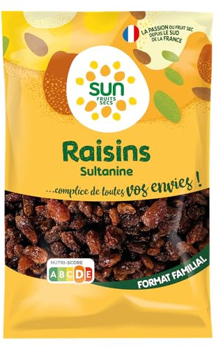 SUN - Raisins Secs Sultanine 500 g - Moelleux, Fruités & 100 % Naturels - Pour Snacking, Apéritif, Cuisine & Pâtisserie - Raisins Bruns Séchés - Pâtisserie, Couscous, Tajine, Taboulé, Apéro
