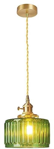 HJXDtech Vintage Hängelampe aus Gestreift Glas Lampenschirm, E27 Messing Lampenfassung, Elegante Klein Pendelleuchte für Küche, Wohnzimmer & Esszimmer (Grün)