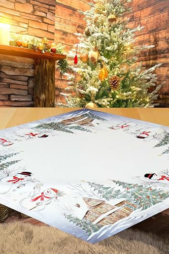 KAMACA Tischdecke Mitteldecke 85x85 cm mit hochwertigem Druck-Motiv Küche Esstisch Eyecatcher Herbst Winter Weihnachten (Schneemänner)