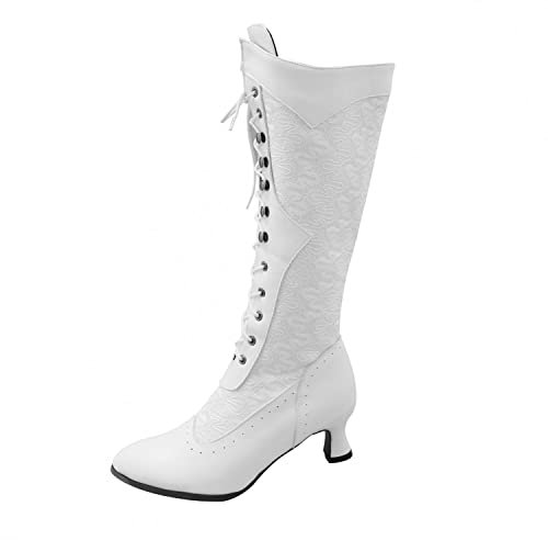 Stivali Donna Invernali al Ginocchio E Plateau Stivaletti con Tacco Largo Scarponcini Ragazza Inverno Pelle Polacchine Boots Zeppa Stivaletto Scarpe Eleganti con Tacco (43,Bianca)