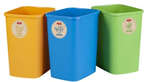 CURVER Eco Friendly Juego de 3 cubos de basura para sistema de reciclaje, cubos de plástico para papel, cristal y plástico (3 x 25 L)